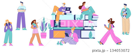 Man and Woman Student Character Engaged in Education and Study Vector Set 134053072