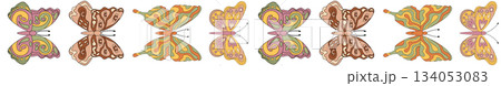 Groovy butterfly border with seamless retro pattern in psychedelic style. Colorful y2k and 70s look, ideal as artistic graphic element, vintage accent, or creative wallpaper. Groovy butterfly border with seamless retro pattern in psychedelic style. Colorful y2k and 70s look, ideal as artistic graphic element, vintage accent, or creative wallpaper. 134053083