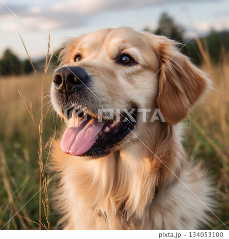 屋外で笑顔を見せるゴールデンレトリーバーのクローズアップ 134053100