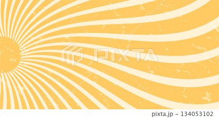 Groovy retro sun burst forms bold yellow and orange wave. Ray shape and grungy texture give an abstract y2k sunshine effect. Horizontal background for vintage summer creative poster themes. 134053102