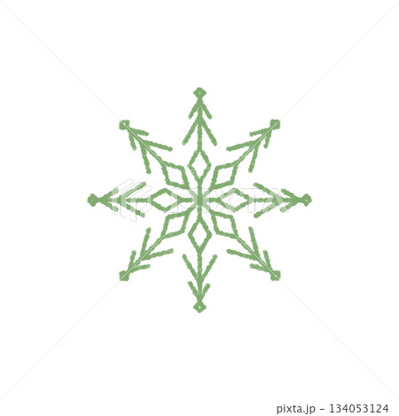 Green crayon snowflake symbol with ice and frost detail forms a winter ornament. Frozen crystal element and cold snow flake design for xmas season festive holiday context. Green crayon snowflake symbol with ice and frost detail forms a winter ornament. Frozen crystal element and cold snow flake design for xmas season festive holiday context. 134053124