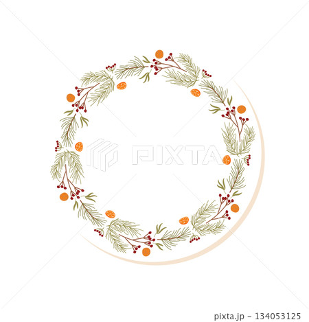Circular flat garland wreath frame with pine, fir, berry and kraft element sticker. Winter sticker for new years decor, box or gift background and blank template in modern seasonal style. 134053125