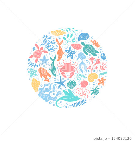 Round underwater life in flat style sticker. Circular design with fish, coral, turtle, and starfish. Marine concept with vibrant aquatic elements, ideal for ocean backgrounds or decorative use. Round underwater life in flat style sticker. Circular design with fish, coral, turtle, and starfish. Marine concept with vibrant aquatic elements, ideal for ocean backgrounds or decorative use. 134053126