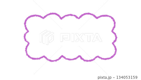 Groovy wavy scallop rectangle border outline with crayon sketch effect in retro style. Violet bubble frame and chalk line graphic for y2k inspired background, playful abstract format and vintage 134053159