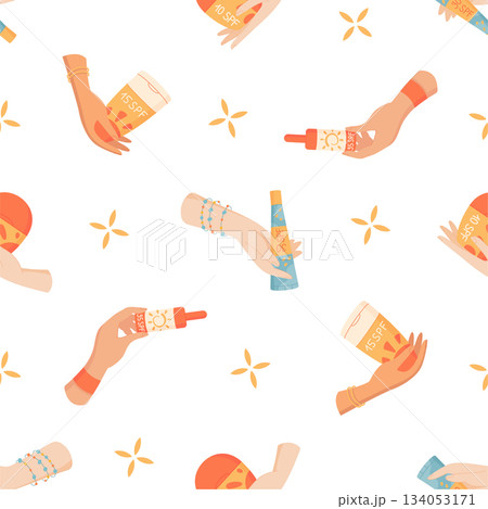 Flat seamless pattern of sunscreen bottle, tube, spray, cream, sunblock, spf, hand, woman hold. Sun protection background, cosmetic summer care shape. Ideal for health skincare seamless concept. Flat seamless pattern of sunscreen bottle, tube, spray, cream, sunblock, spf, hand, woman hold. Sun protection background, cosmetic summer care shape. Ideal for health skincare seamless concept. 134053171