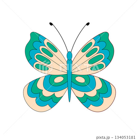 Groovy y2k butterfly in flat colorful style. Funky cute nature symbol and spring retro groovy element, artistic figure in a modern playful format. Contemporary graphic with soft blue and green Groovy y2k butterfly in flat colorful style. Funky cute nature symbol and spring retro groovy element, artistic figure in a modern playful format. Contemporary graphic with soft blue and green 134053181
