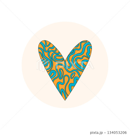 Groovy heart sticker in bold retro and colorful style with blue and orange tone inside round circle. Y2k shape as graphic label seal for lid or package, modern pop accent for packaging. Groovy heart sticker in bold retro and colorful style with blue and orange tone inside round circle. Y2k shape as graphic label seal for lid or package, modern pop accent for packaging. 134053206
