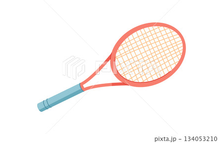 Cartoon tennis racket icon in vibrant style. Essential sport equipment for training and fitness activities. Perfect gear for workout sessions, court play, and competition. Colorful accessory ideal 134053210