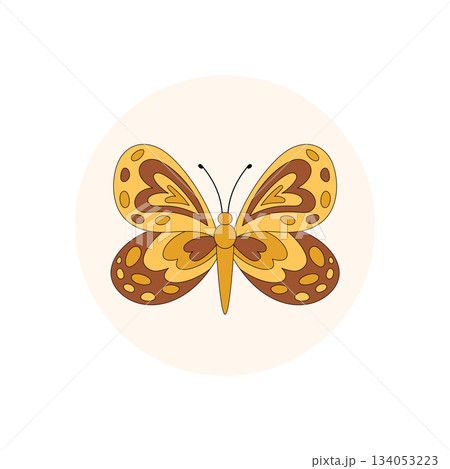 Retro groovy butterfly circle sticker label in colorful vintage patch style. This y2k graphic makes a creative package seal and combines lid emblem with trendy shape for modern product branding. 134053223