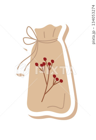 Rustic kraft handmade gift package flat style. Eco present with berry and patch detail as craft box concept. Christmas design, modern decor for surprise or holiday event. 134053274