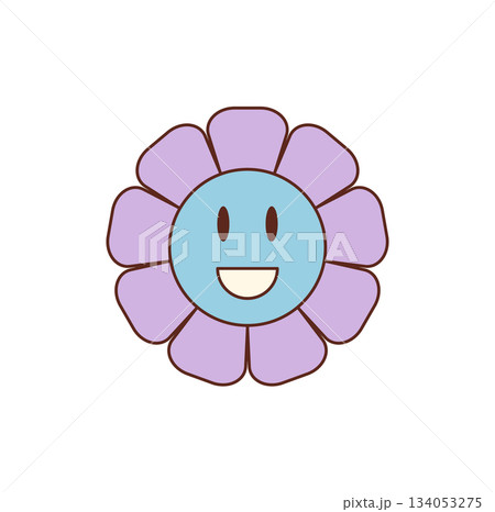 Groovy retro cartoon daisy sticker flower with bright smiley face and colorful patch. Smiley flower brings playful y2k charm as a cheerful groovy element in a fun illustration. 134053275