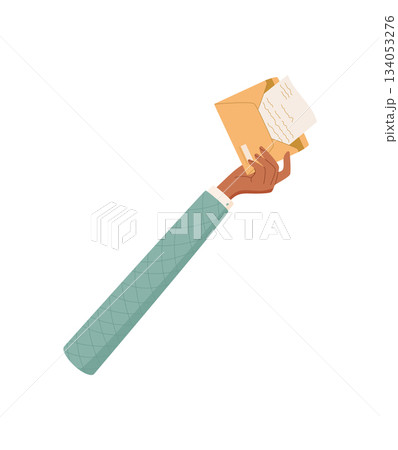 Flat hand hold feedback symbol. Hand presenting written message for communication. Feedback and review concept for customer opinion and satisfaction. Isolated modern visual, suitable business 134053276