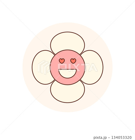 Groovy pink flower sticker with happy smiley face in a cartoon circle. Retro heart and playful seal for package or lid, trendy y2k cheerful style accent. 134053320