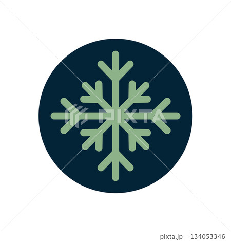 Green snowflake icon in a bold line style sits inside a dark blue circle. This ornament label adds christmas holiday accent to any winter box or packaging. The snow flake and circle format create Green snowflake icon in a bold line style sits inside a dark blue circle. This ornament label adds christmas holiday accent to any winter box or packaging. The snow flake and circle format create 134053346