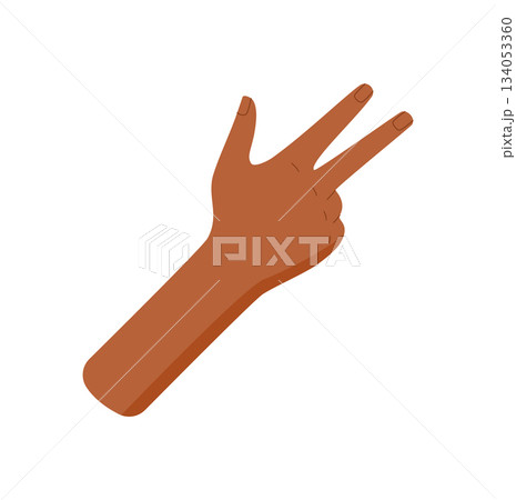 Black hand with raised three fingers. Bare hand showing number three with upward gesture and fingers extended. Flat style signal for counting, isolated design. Black hand with raised three fingers. Bare hand showing number three with upward gesture and fingers extended. Flat style signal for counting, isolated design. 134053360