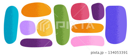 Set of cute irregular shapes with noise texture in doodle style. Labels, tags, speech or quote bubbles isolated on white background. Hand drawn asymmetric geometric forms. Vector flat illustration 134053391