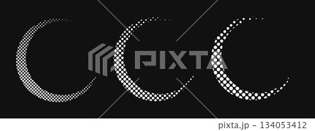 Set of crescent moon silhouettes with halftone texture isolated on black background. Semi-circle forms with noise, grain or pixel effect. Simple design elements. Vector graphic illustration Set of crescent moon silhouettes with halftone texture isolated on black background. Semi-circle forms with noise, grain or pixel effect. Simple design elements. Vector graphic illustration 134053412