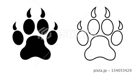 Paw print with claws stamp and icon. Wet or mug wild animal footprint on snow or ground. Mammal step track of cat, dor, lion or panther isolated on white background. . Vector graphic illustration 134053429