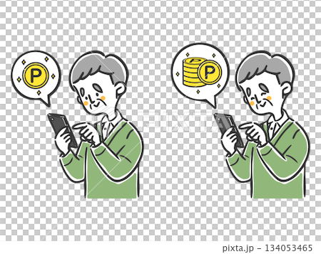 一位老年男子正在用智慧型手機進行點活動。 134053465