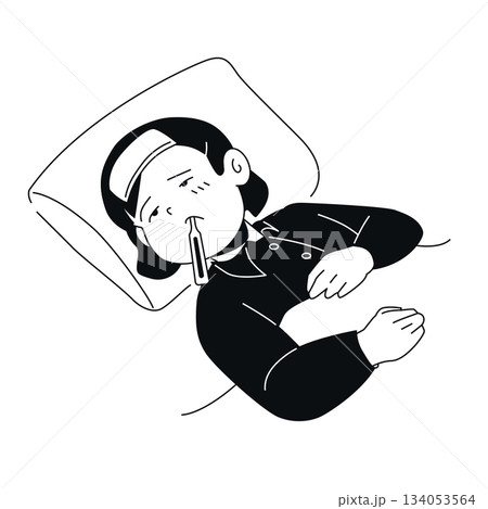 Girl with Fever - Black and White Flat Design Illustration Girl with Fever - Black and White Flat Design Illustration 134053564