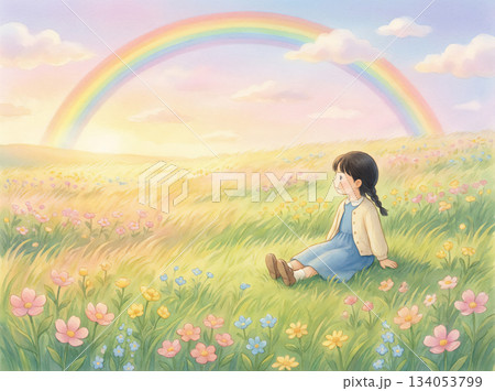 虹がかかる花畑で少女が静かに座る心あたたまるファンタジーイラスト 134053799