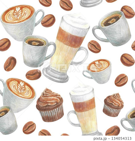 Hand drawn pattern with a cup of cappuccino, latte, cupcake, coffee beans and a paper cup for graphic design. Isolated colored pencil illustrations on a white background. Coffee collection. 134054313