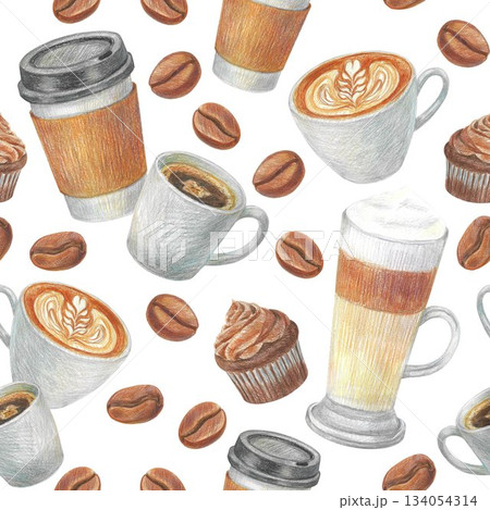 Hand drawn pattern with a cup of cappuccino, latte, cupcake, coffee beans and a paper cup for graphic design. Isolated colored pencil illustrations on a white background. Coffee collection. Hand drawn pattern with a cup of cappuccino, latte, cupcake, coffee beans and a paper cup for graphic design. Isolated colored pencil illustrations on a white background. Coffee collection. 134054314