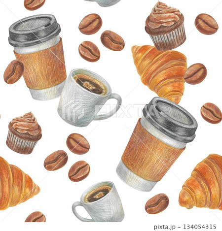 Hand drawn pattern with a cup of cappuccino, coffee beans and a paper cup for graphic design. Isolated colored pencil illustrations on a white background. Coffee collection. 134054315