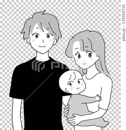 若い夫婦と赤ちゃん 親子3人 白黒 若い夫婦と赤ちゃん 親子3人 白黒 134054728