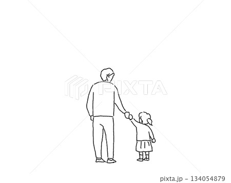 子供（小さい女の子）と手を繋ぐ男性（父親）、線画 134054879
