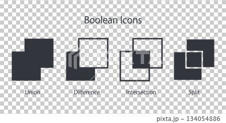 布林型使用者介面圖示集。適用於CAD和繪圖軟體使用者介面的向量圖。 134054886