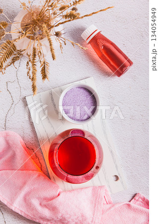 Rapid hydration mix in a glass and bowl on the table top and vertical view 134054949