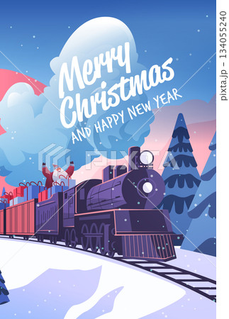 Santa Christmas train winter landscape gifts snowy pine trees festive celebration graphic holiday banner 134055240
