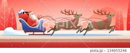 Santa Christmas sleigh reindeer winter landscape snow forest festive gifts red background banner 134055246