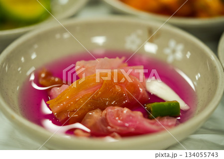 Korean kimchi cabbage, beet sauerkraut. Probiotics food concept. 134055743