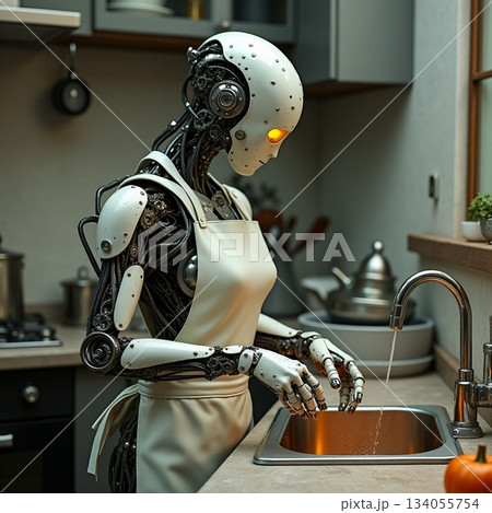 AI generated Innovative automation meticulously washes utensils in spotless setting 134055754