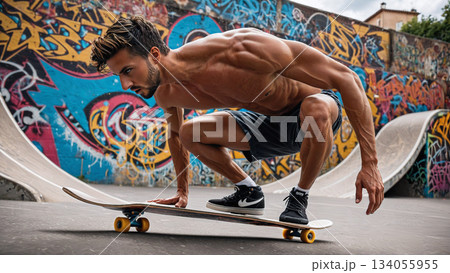 ストリートトレーニング：グラフィティを背にスケートボードで集中する男性 134055955