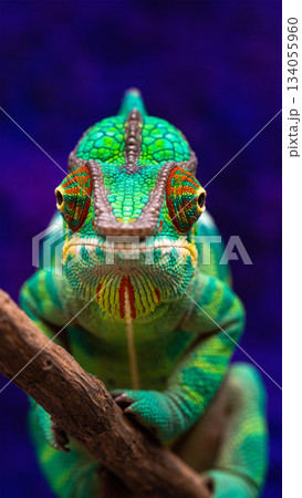 鮮やかな色彩のポートレート:深い紫を背景にしたカメレオンの正面顔 鮮やかな色彩のポートレート:深い紫を背景にしたカメレオンの正面顔 134055960