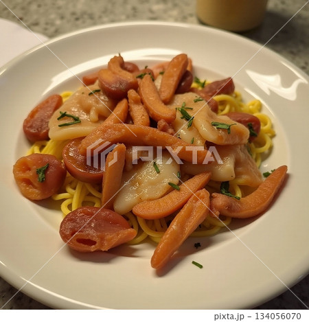 AI generated Cozy dish combining sliced sausages with cheesy noodles and fresh parsley 134056070
