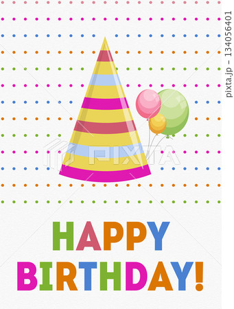Colorful Happy Birthday Greeting Card with Balloons and Party Hat 134056401