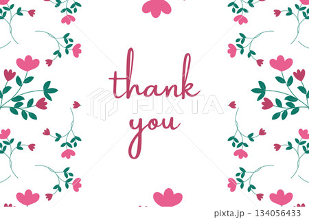 Floral Thank You Card Design with Pink Flowers and Green Leaves 134056433