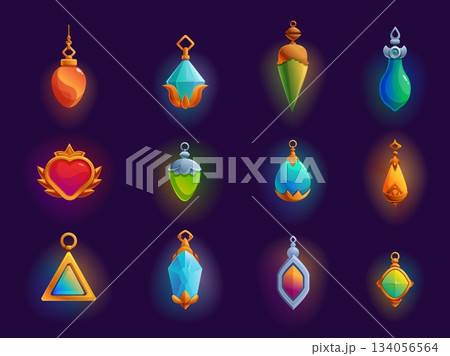 Magic amulets. Cartoon amulet with gemstones, various shapes jewelry pendants and charms. Game assets, shining witchcraft elements, sapid vector set 134056564