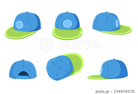 Baseball cap. Sport head apparel, trendy stylish accessory for manager, merchandiser, promoter, volunteer. Isolated hat different side view, sapid vector set 134056570