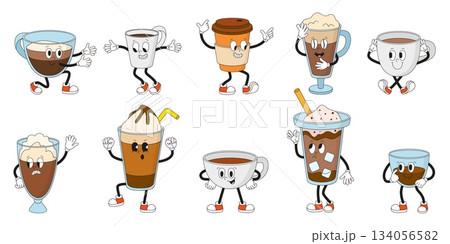 Groovy coffee mugs. Various hot beverages, coffee shop drinks. Americano espresso cappuccino latte with creamy hats. Retro characters neoteric vector set 134056582