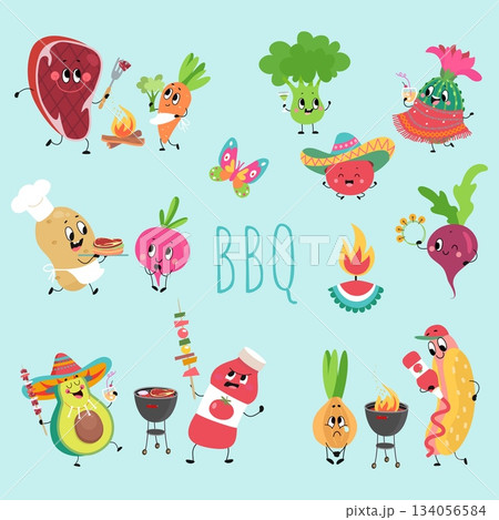 Cartoon bbq food characters. Positive tomato, potato broccoli carrot and onion. Meat steak and hot dog, avocado with cocktail on barbecue, nowaday vector clipart Cartoon bbq food characters. Positive tomato, potato broccoli carrot and onion. Meat steak and hot dog, avocado with cocktail on barbecue, nowaday vector clipart 134056584