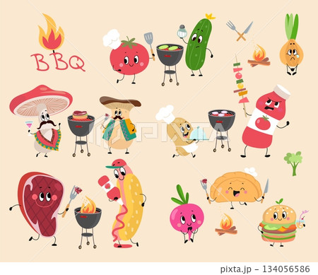 Bbq vegetables characters. Meat and hot dog, mushroom, burger and tomato sauce on barbecue party. Summer season outdoor activity, nowaday food set 134056586