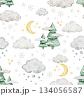 Crescent moon, clouds and stars. Cute winter seamless pattern with snoflakes. Watercolor Isolated weather baby illustration. Children's celestial background for kids goods,linen, pajamas and children 134056587