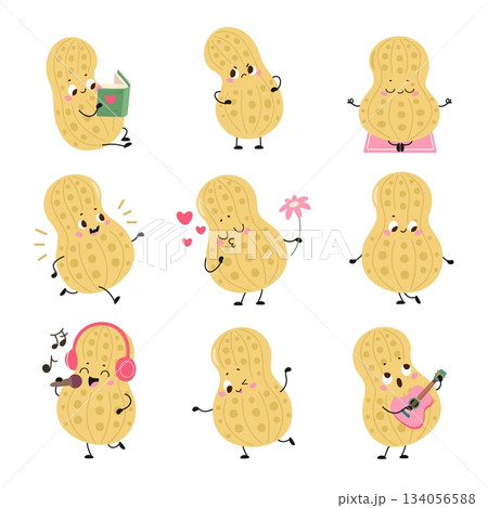 Cartoon peanuts. Peanut character different poses. Cute bean meditating, running, reading book, singing and play music. Childish mascot nowaday vector set Cartoon peanuts. Peanut character different poses. Cute bean meditating, running, reading book, singing and play music. Childish mascot nowaday vector set 134056588