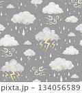Children seamless pattern on grey background with fluffy rain clouds, lightning and thunderstorm for fabrics, for kids goods,linen, pajamas. Watercolor hand drawn illustration. 134056589