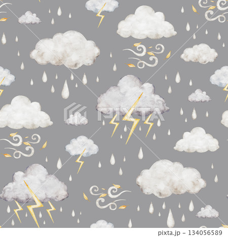 Children seamless pattern on grey background with fluffy rain clouds, lightning and thunderstorm for fabrics, for kids goods,linen, pajamas. Watercolor hand drawn illustration. Children seamless pattern on grey background with fluffy rain clouds, lightning and thunderstorm for fabrics, for kids goods,linen, pajamas. Watercolor hand drawn illustration. 134056589